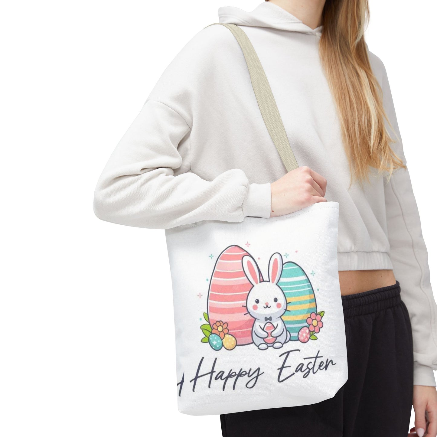 Easter Bunny Tote Bag — Cute "Happy Easter" Bunny with Colorful Eggs