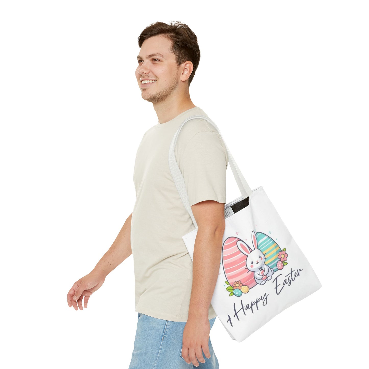 Easter Bunny Tote Bag — Cute "Happy Easter" Bunny with Colorful Eggs