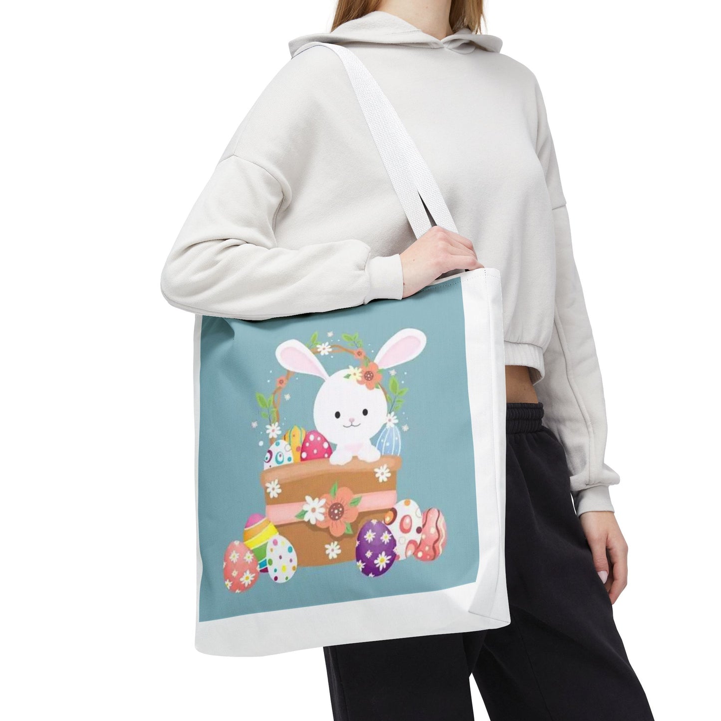 Easter Bunny Tote Bag — Cute Floral Bunny with Painted Eggs All-Over Print