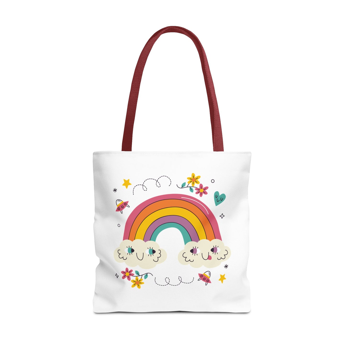 Cute Rainbow Tote Bag — Kawaii Smiling Clouds, Floral & Heart Print