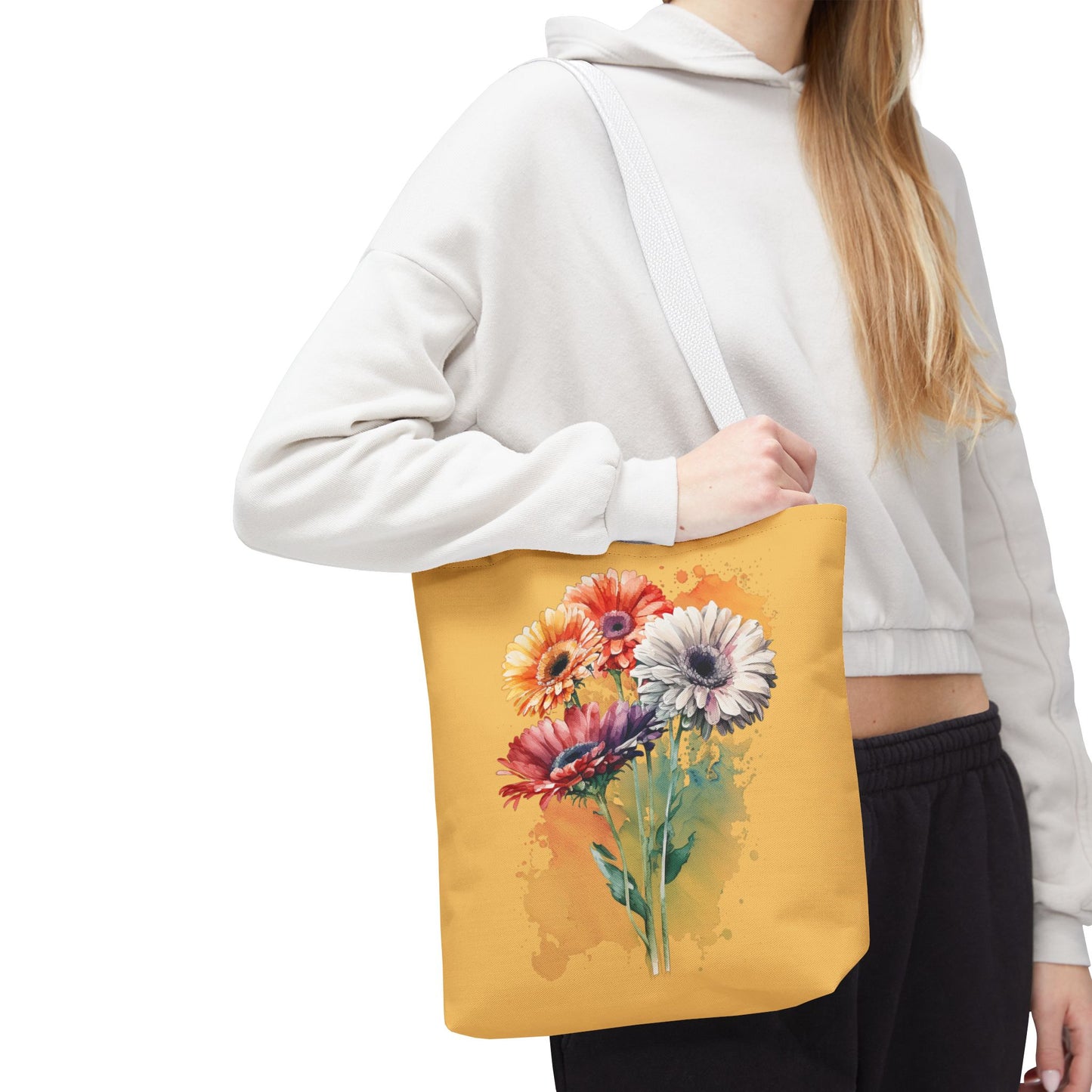 Floral Watercolor Tote Bag — Colorful Gerbera Bouquet on Mustard Background