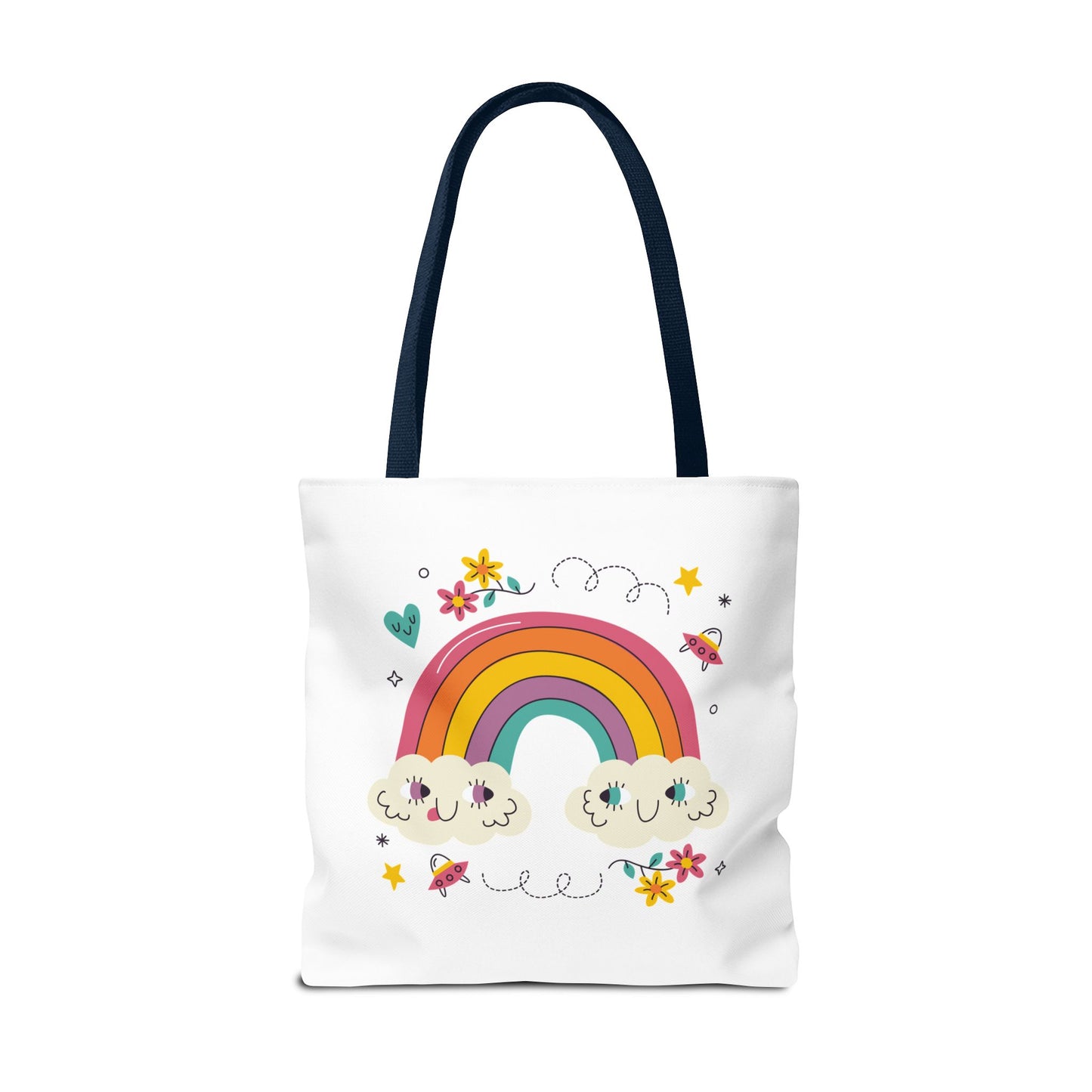 Cute Rainbow Tote Bag — Kawaii Smiling Clouds, Floral & Heart Print