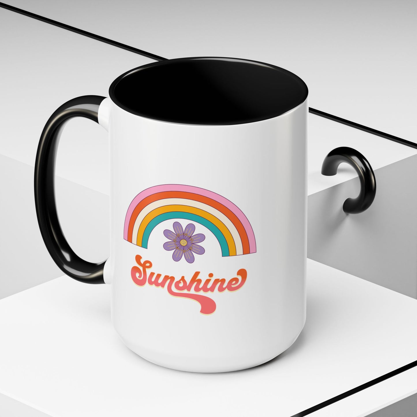 Sunshine Rainbow Accent Coffee Mug — Retro Flower 70s Vibe