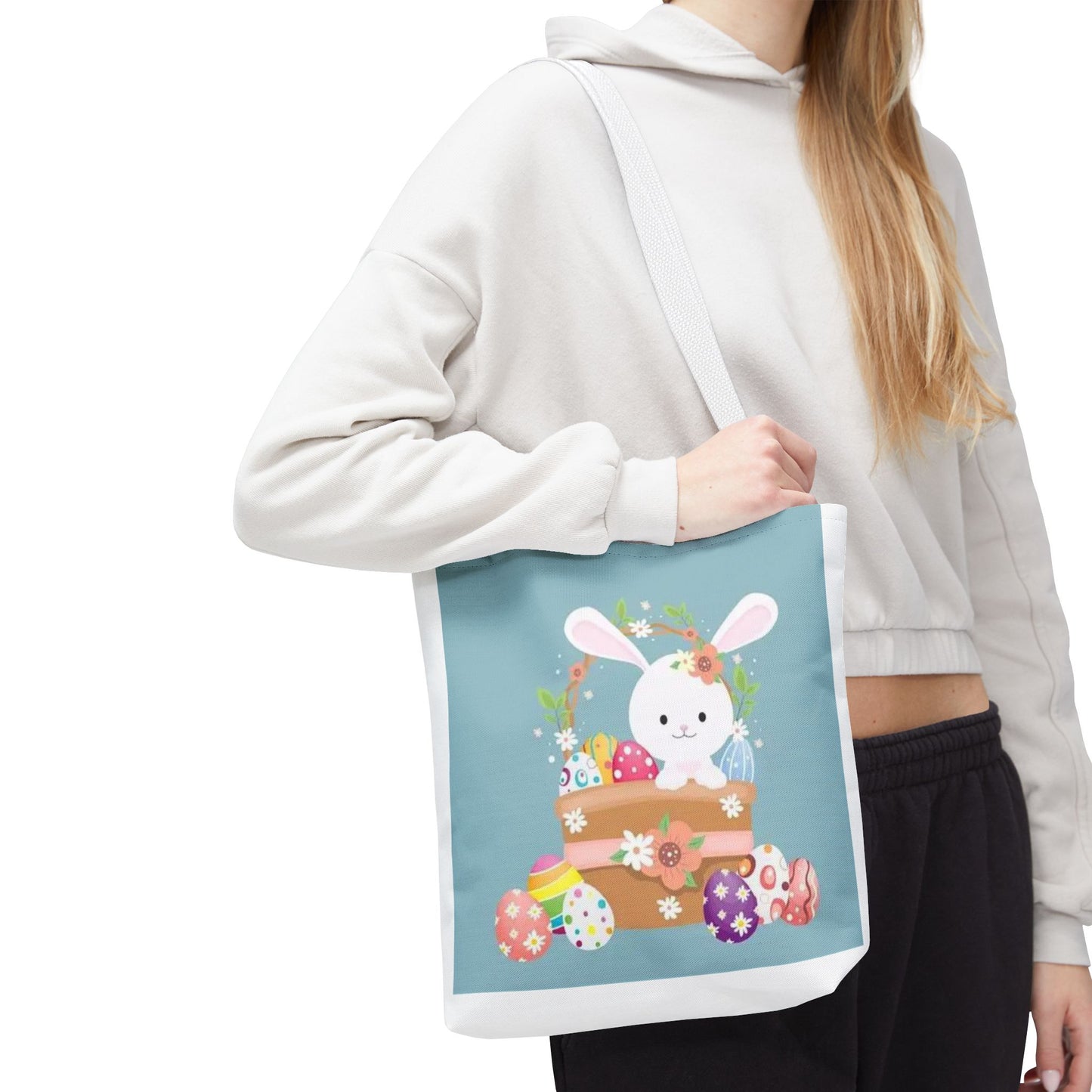 Easter Bunny Tote Bag — Cute Floral Bunny with Painted Eggs All-Over Print