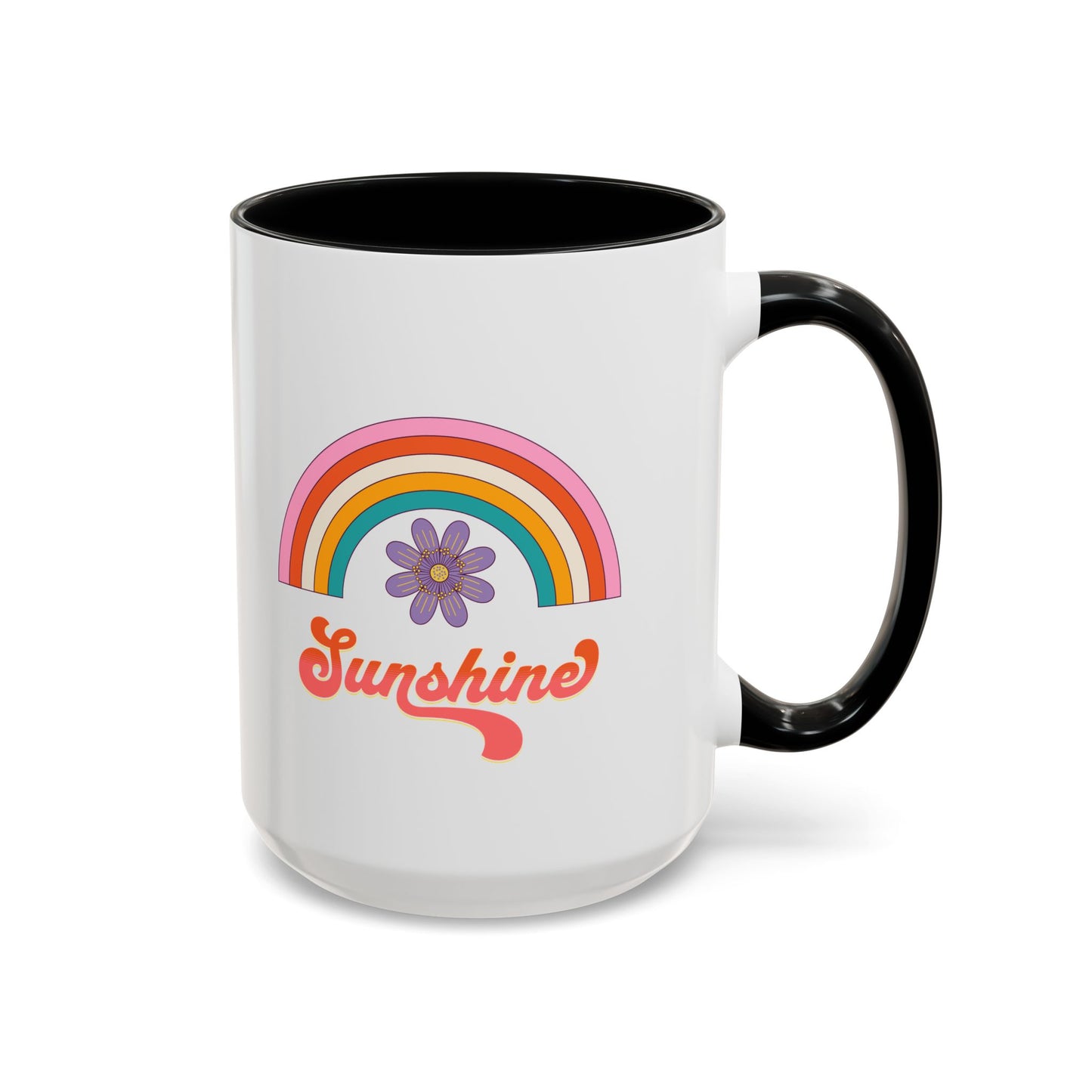 Sunshine Rainbow Accent Coffee Mug — Retro Flower 70s Vibe