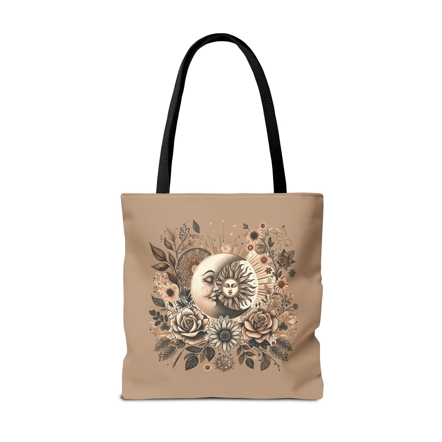 Celestial Sun & Moon Floral Tote Bag — Boho Vintage Astrology Beach Bag