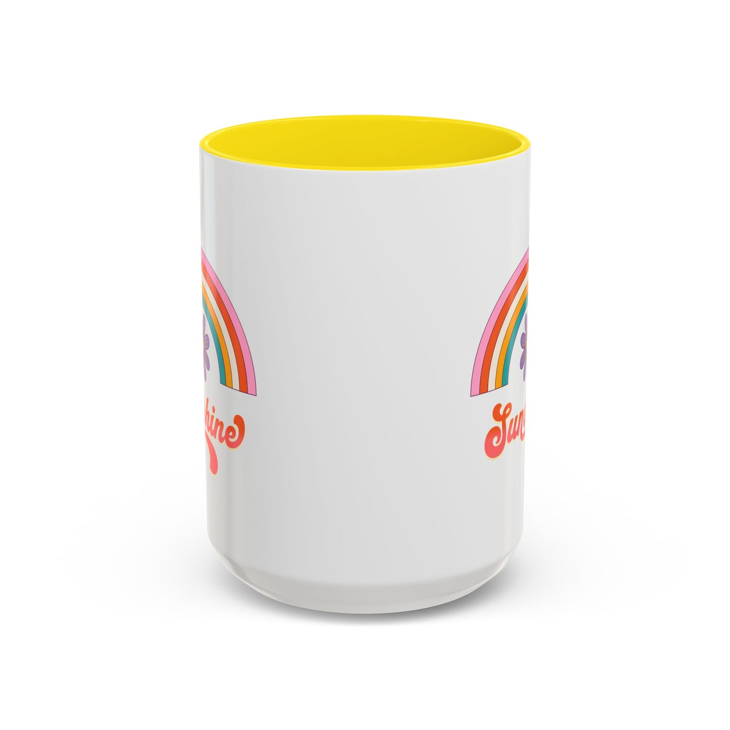 Sunshine Rainbow Accent Coffee Mug — Retro Flower 70s Vibe