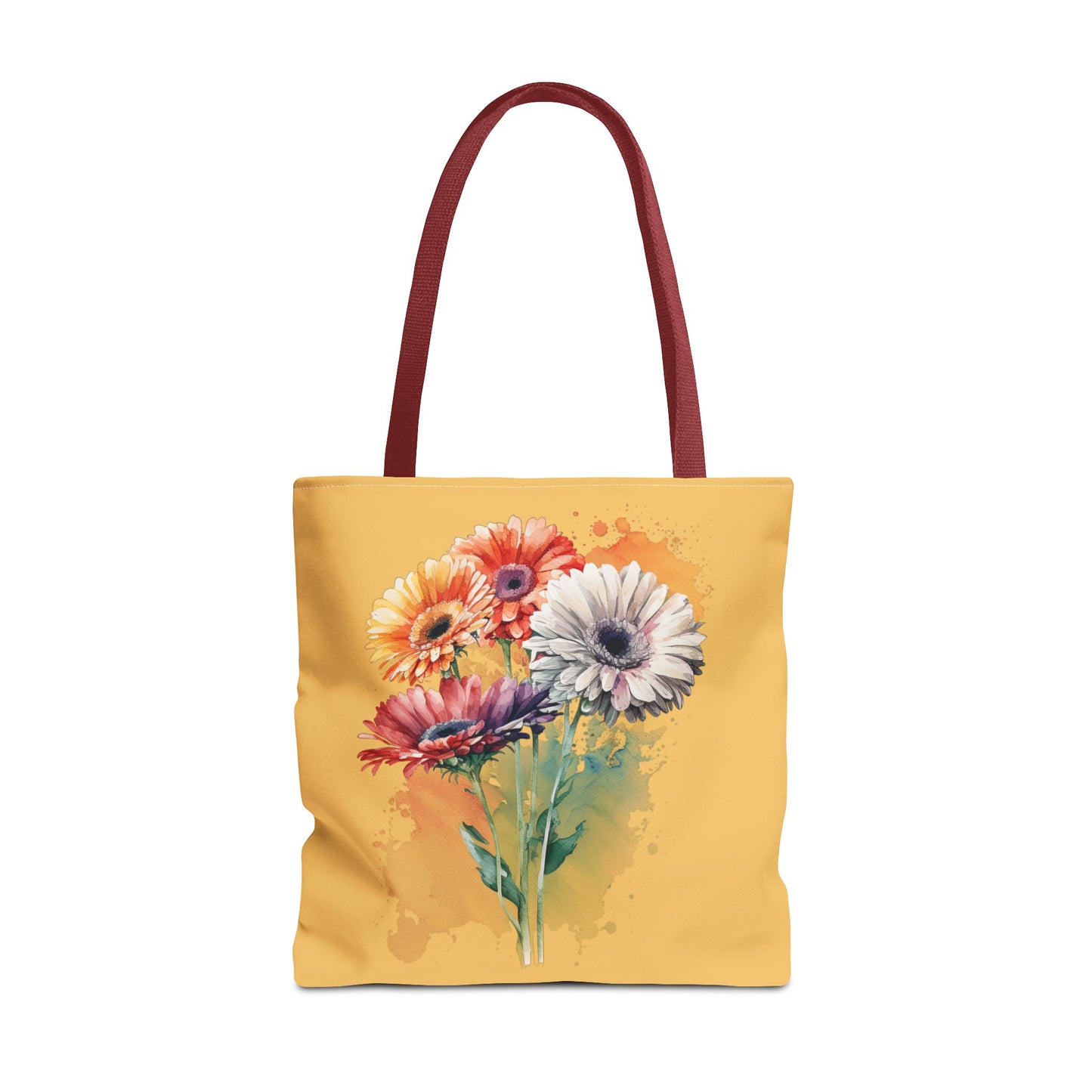 Floral Watercolor Tote Bag — Colorful Gerbera Bouquet on Mustard Background