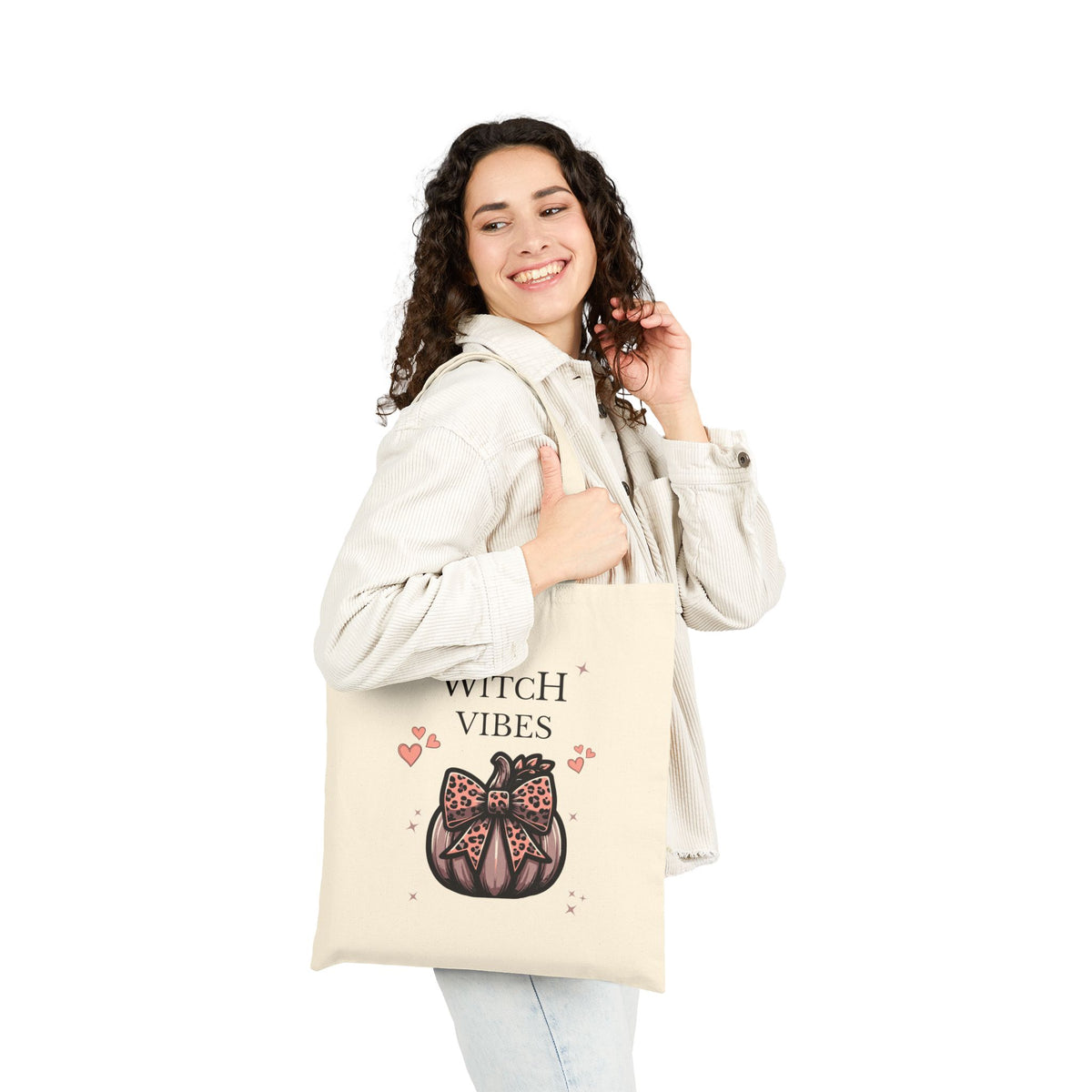 Witch Vibes Canvas Tote Bag – Cute Pumpkin & Leopard Bow Halloween Shopper