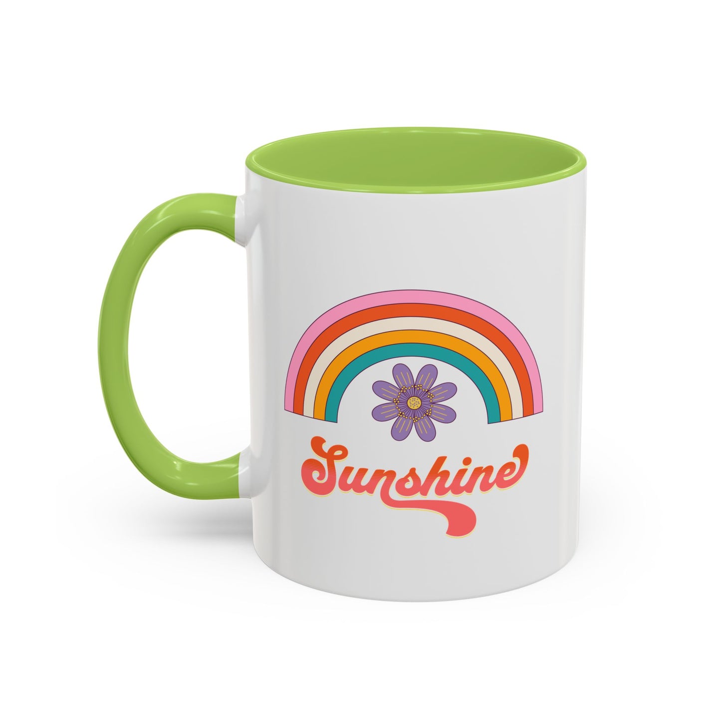 Sunshine Rainbow Accent Coffee Mug — Retro Flower 70s Vibe