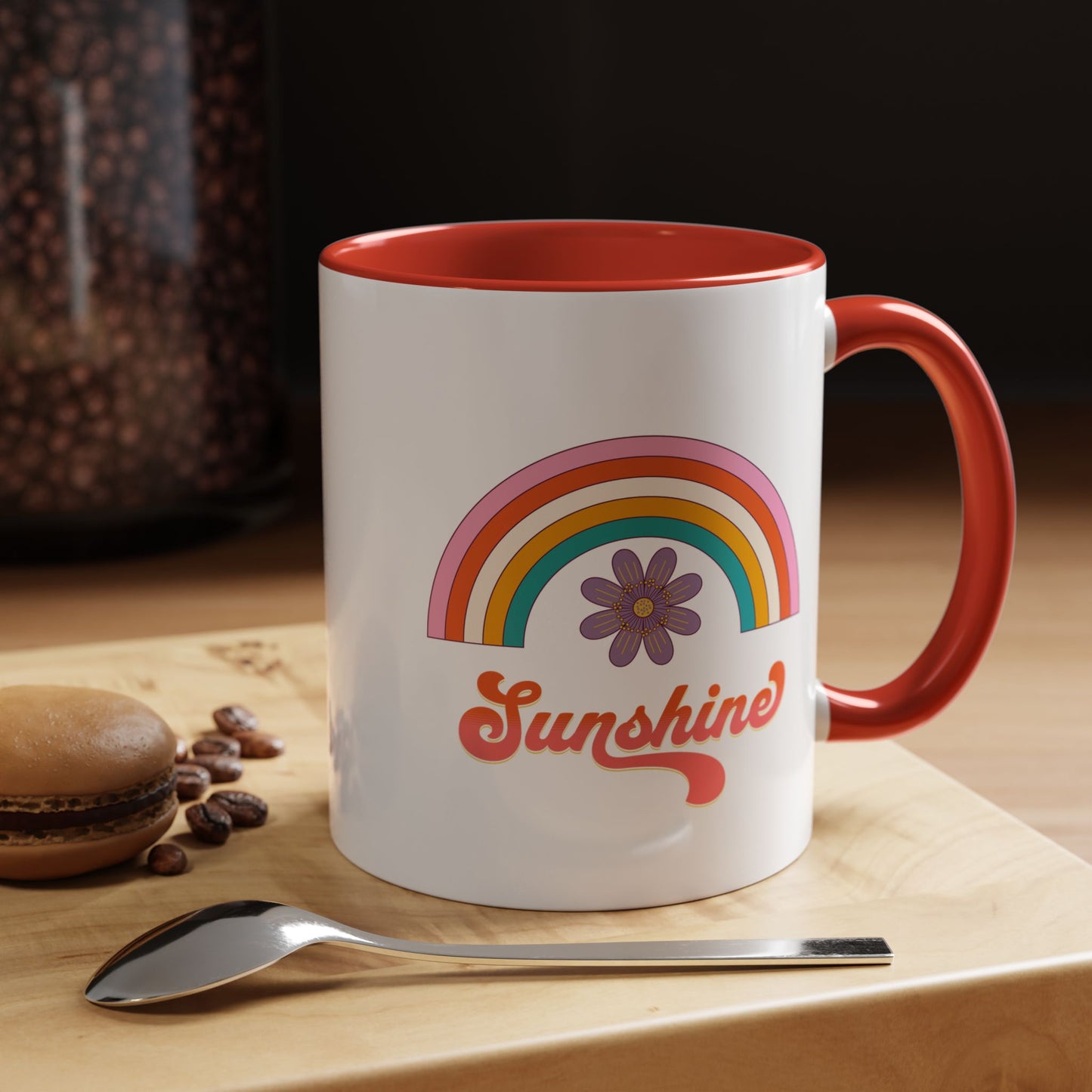 Sunshine Rainbow Accent Coffee Mug — Retro Flower 70s Vibe