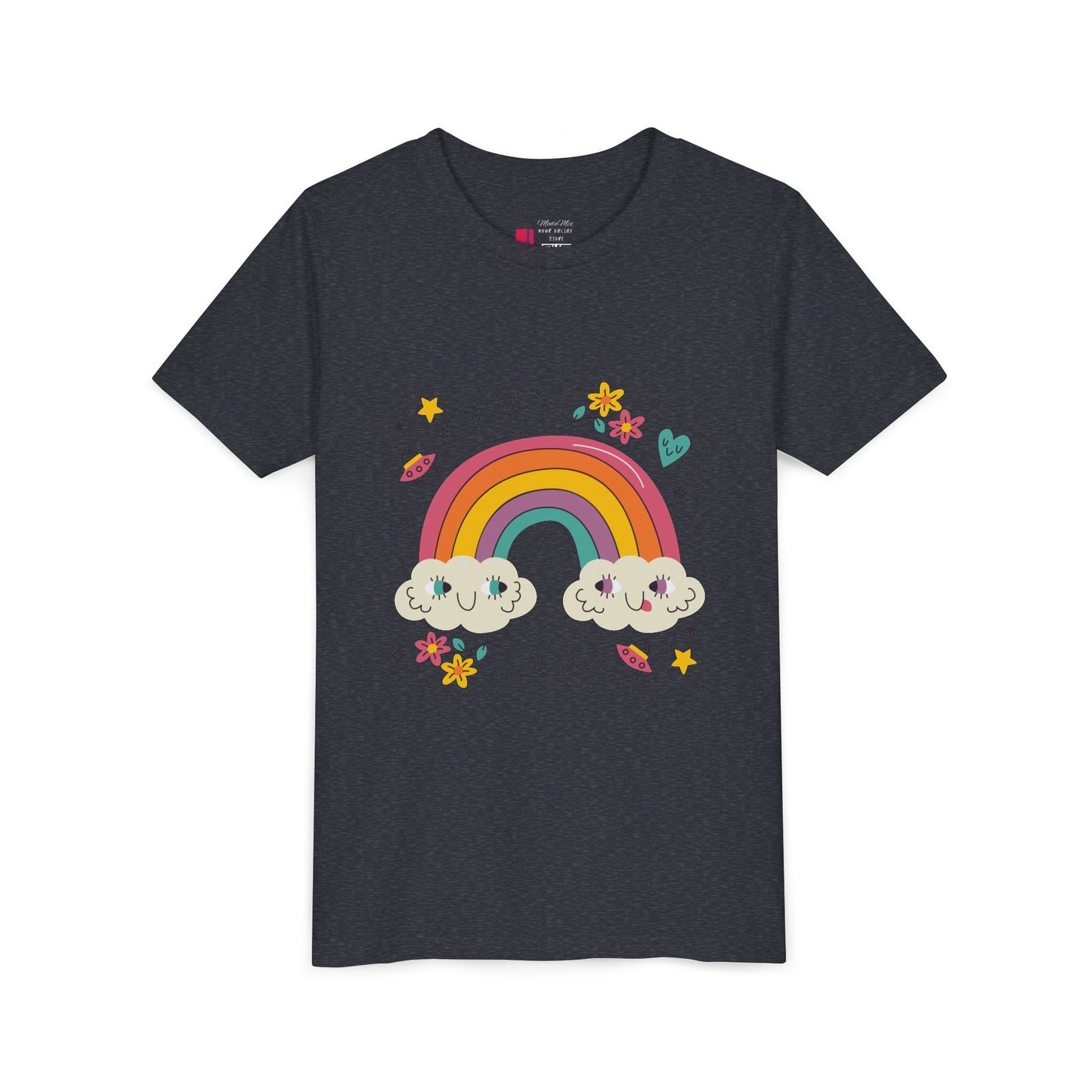 Youth Rainbow Tee — Cute Smiling Clouds & Rainbow Kids Shirt