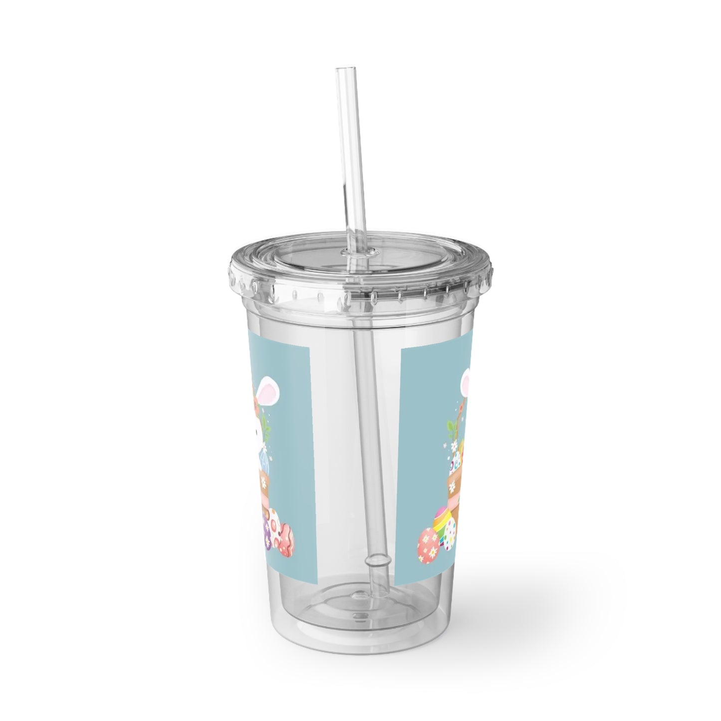 Easter Bunny Acrylic Cup — Cute Floral Bunny with Painted Eggs Tumbler