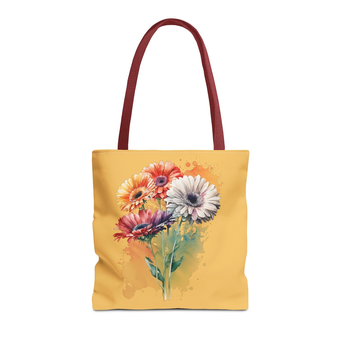 Floral Watercolor Tote Bag — Colorful Gerbera Bouquet on Mustard Background