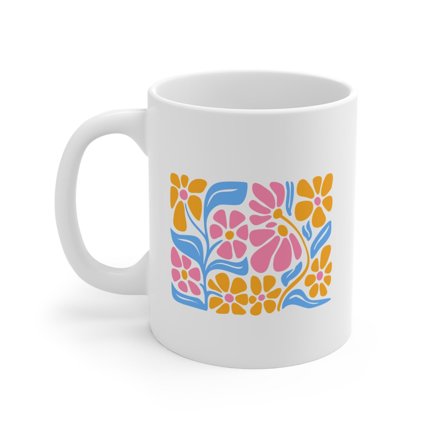 Floral Folk Art Mug — Colorful Retro Flower Coffee Cup (11 oz)