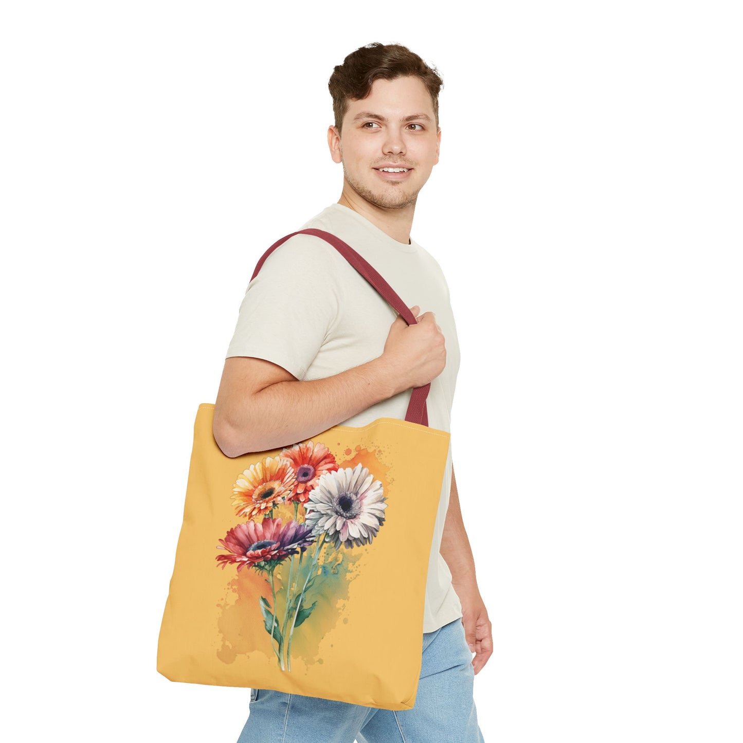 Floral Watercolor Tote Bag — Colorful Gerbera Bouquet on Mustard Background