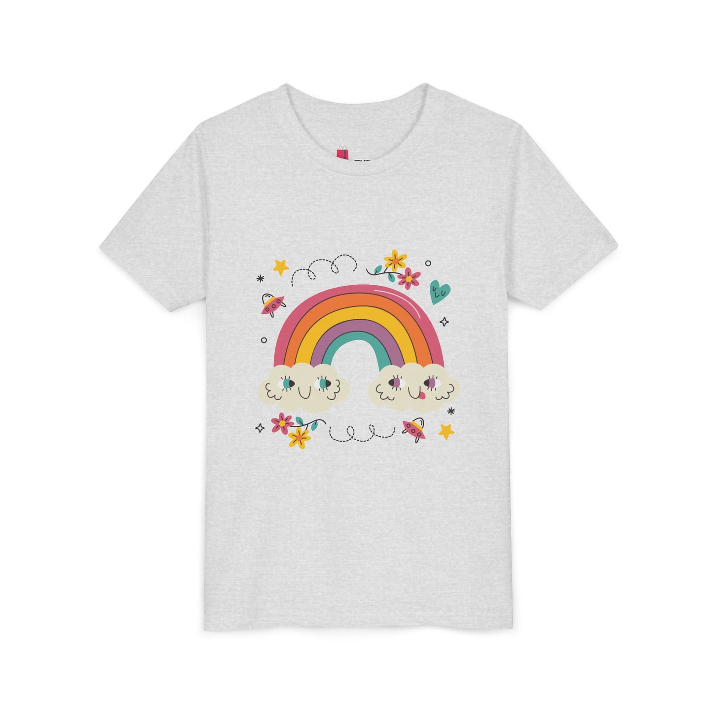 Youth Rainbow Tee — Cute Smiling Clouds & Rainbow Kids Shirt