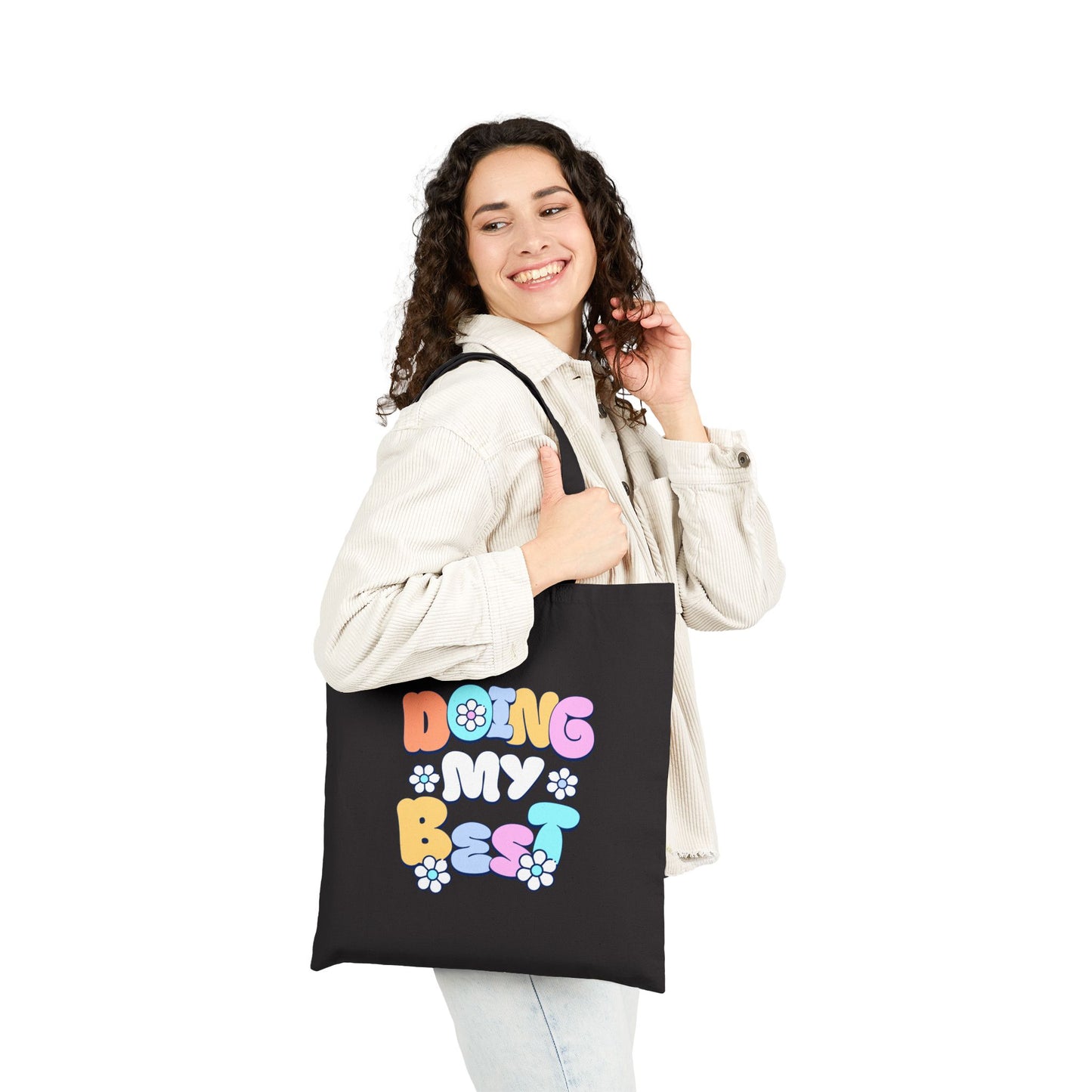 Tote Bag — "Doing My Best" Retro Floral Canvas Tote, Cute Eco-Friendly Grocery & Everyday Bag