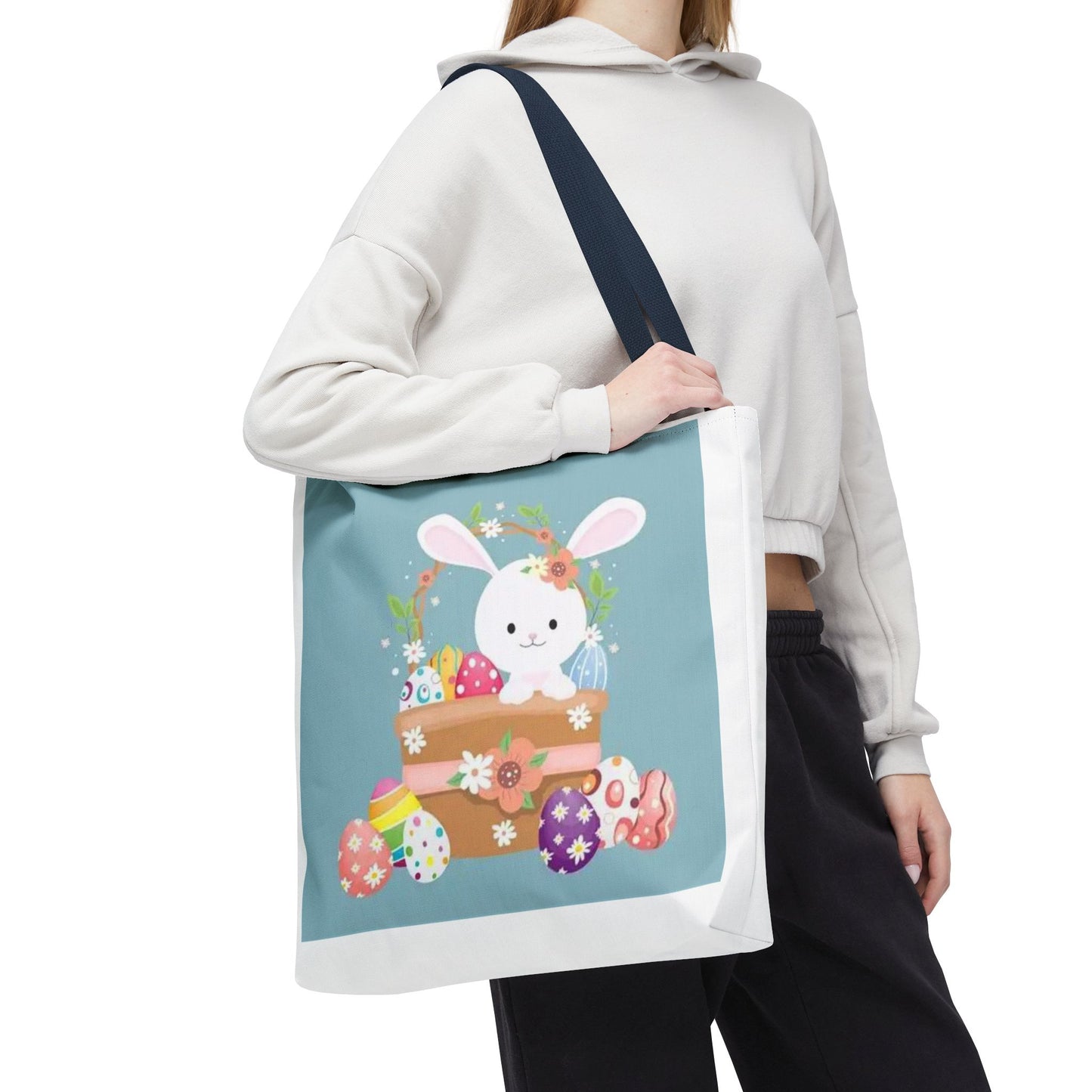 Easter Bunny Tote Bag — Cute Floral Bunny with Painted Eggs All-Over Print