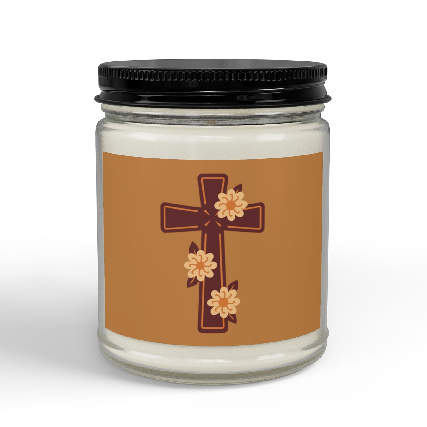 Floral Cross Scented Soy Candle — 4oz & 9oz Amber Jar with Black Lid