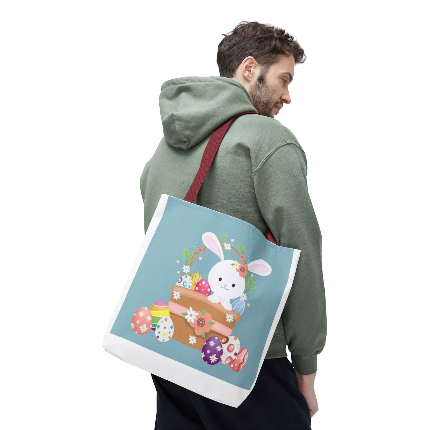 Easter Bunny Tote Bag — Cute Floral Bunny with Painted Eggs All-Over Print