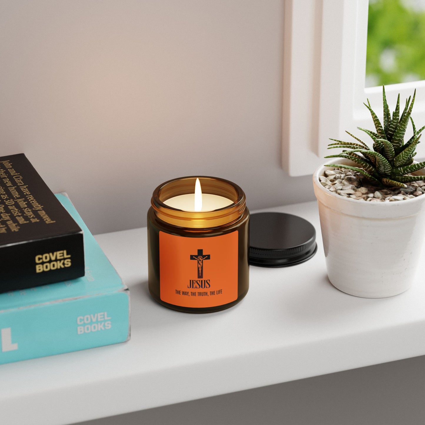 Jesus Cross Scented Soy Candle — Inspirational Amber Jar (Multiple Sizes)