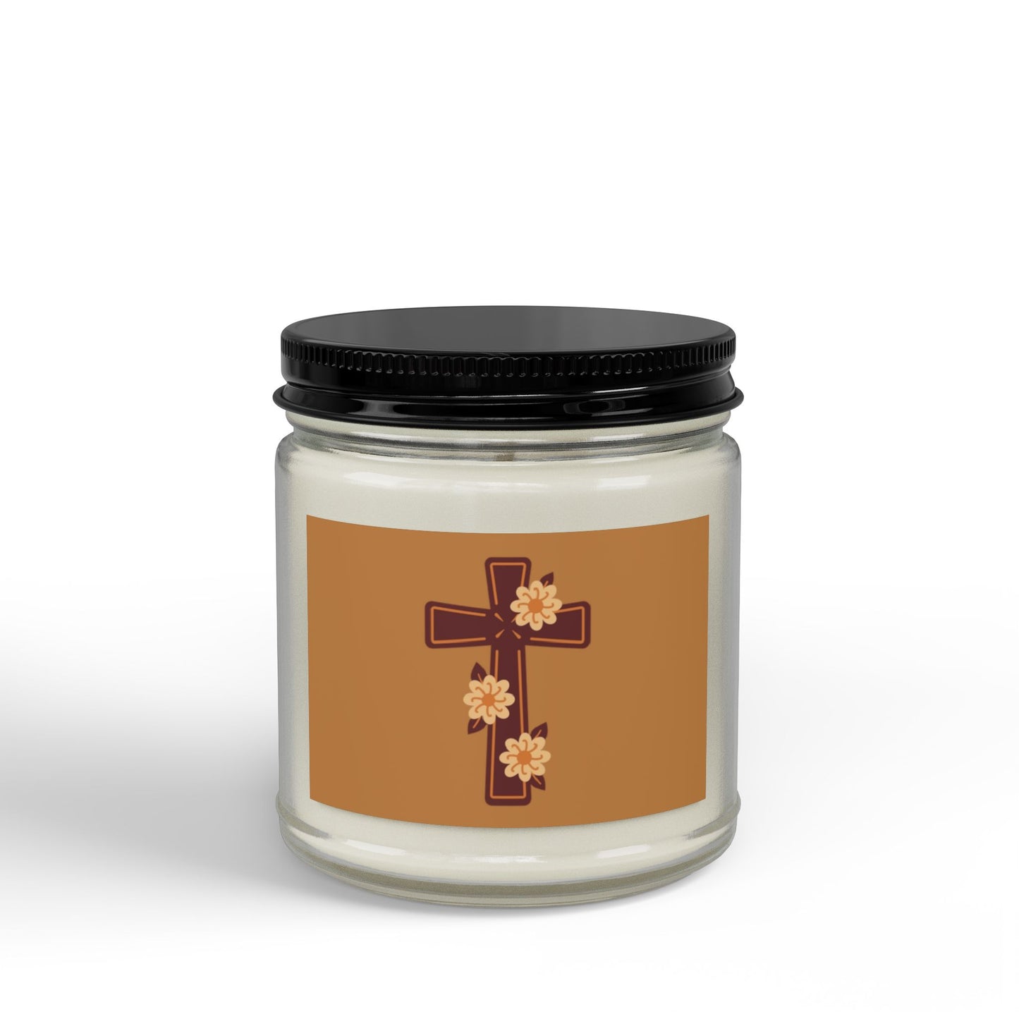 Floral Cross Scented Soy Candle — 4oz & 9oz Amber Jar with Black Lid