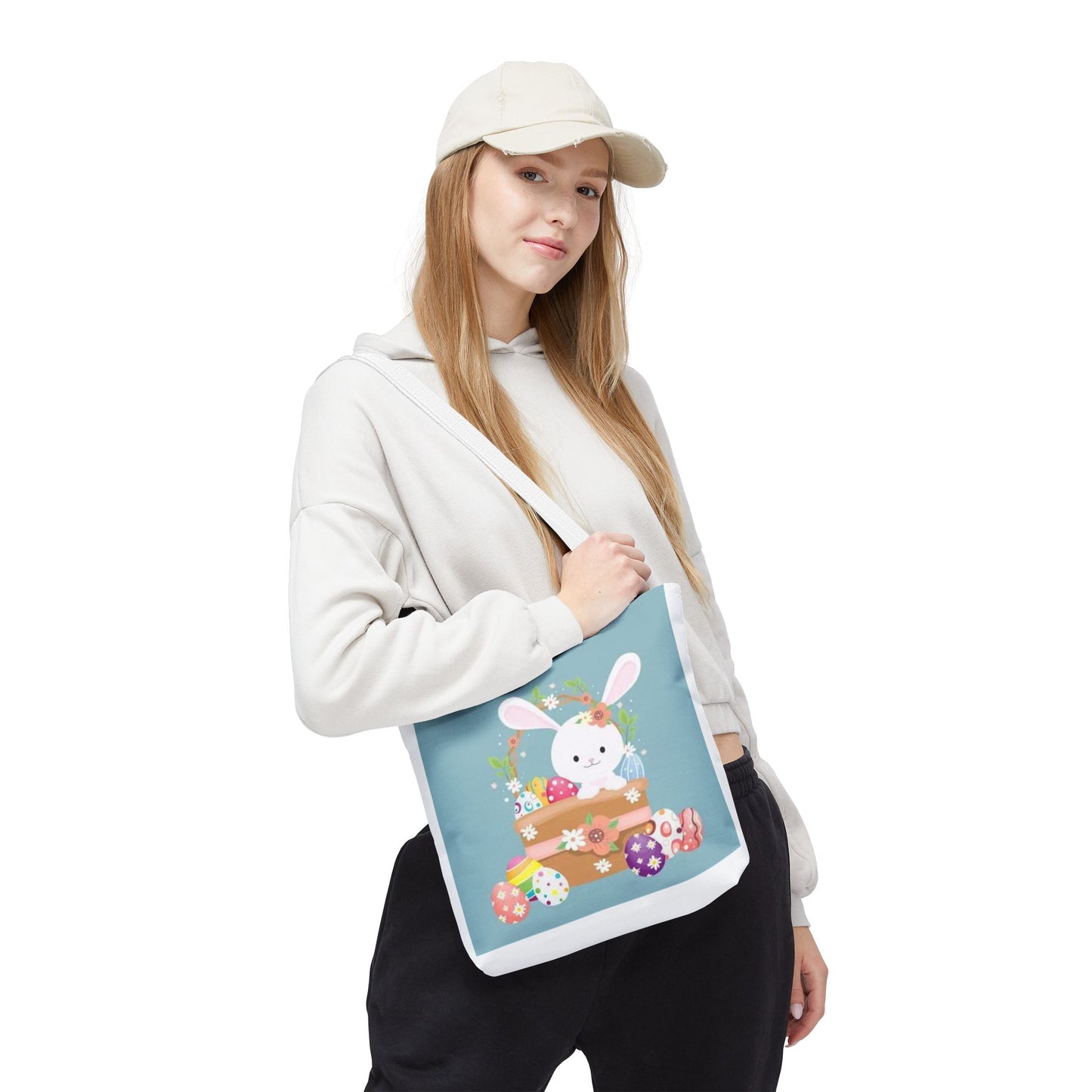 Easter Bunny Tote Bag — Cute Floral Bunny with Painted Eggs All-Over Print