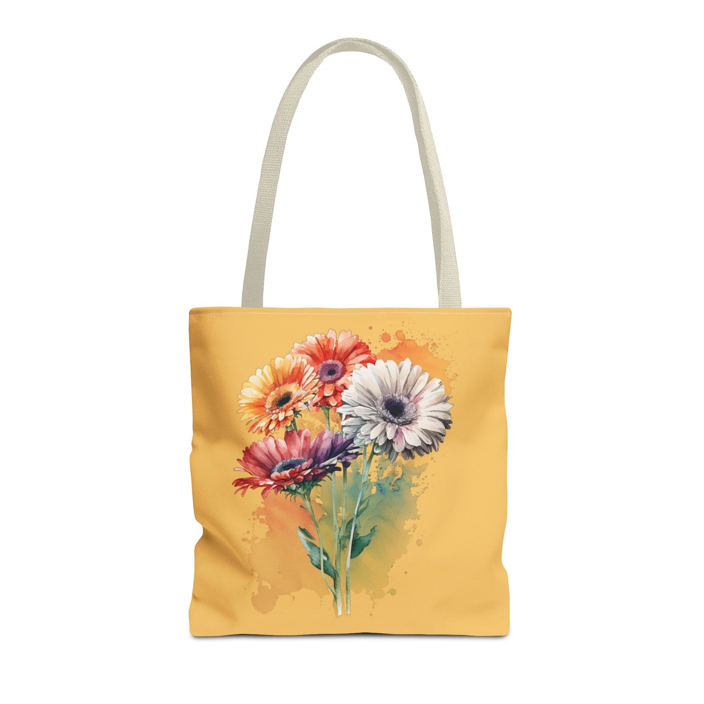 Floral Watercolor Tote Bag — Colorful Gerbera Bouquet on Mustard Background