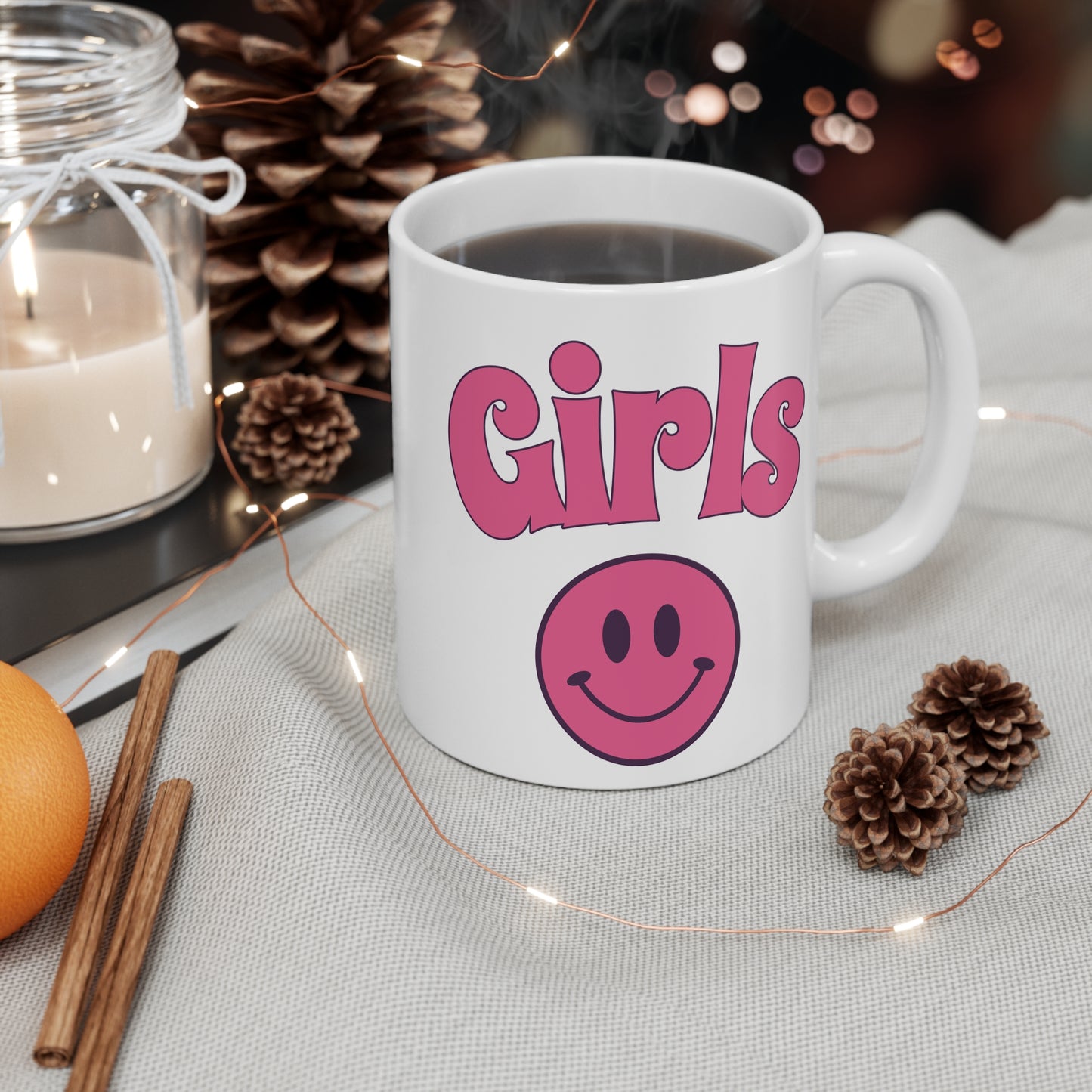 Girls Smiley Face Coffee Mug — Retro Pink Happy Face 11oz