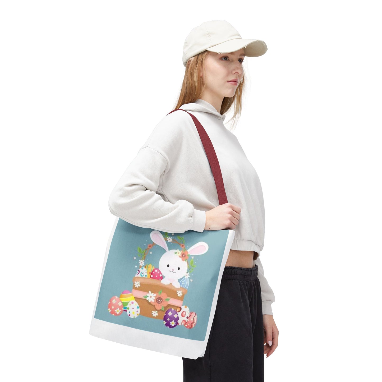 Easter Bunny Tote Bag — Cute Floral Bunny with Painted Eggs All-Over Print