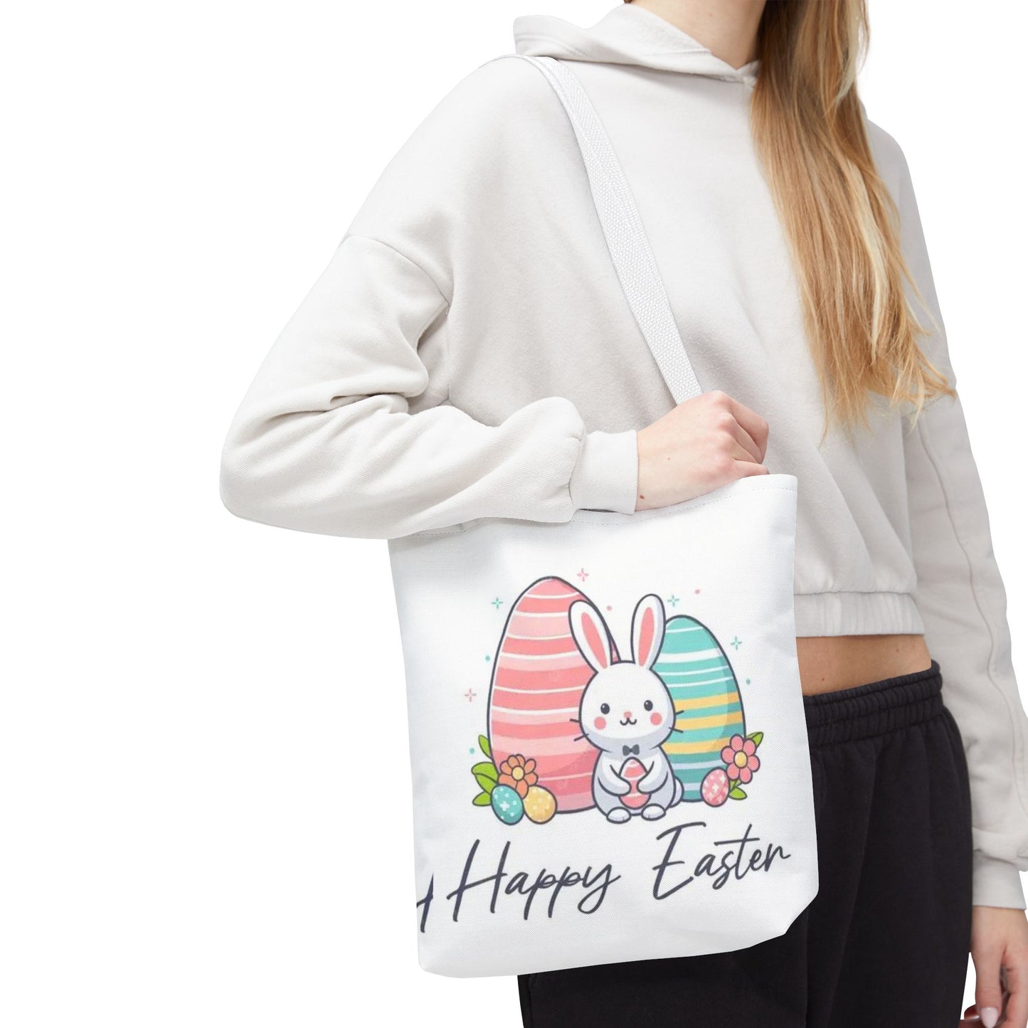 Easter Bunny Tote Bag — Cute "Happy Easter" Bunny with Colorful Eggs