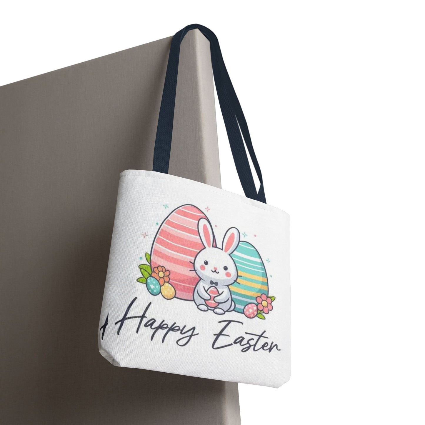 Easter Bunny Tote Bag — Cute "Happy Easter" Bunny with Colorful Eggs
