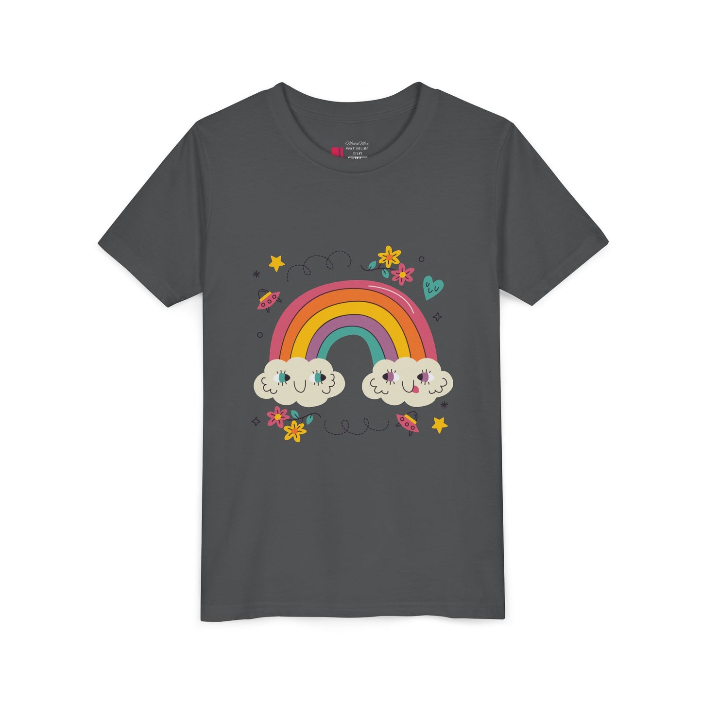 Youth Rainbow Tee — Cute Smiling Clouds & Rainbow Kids Shirt