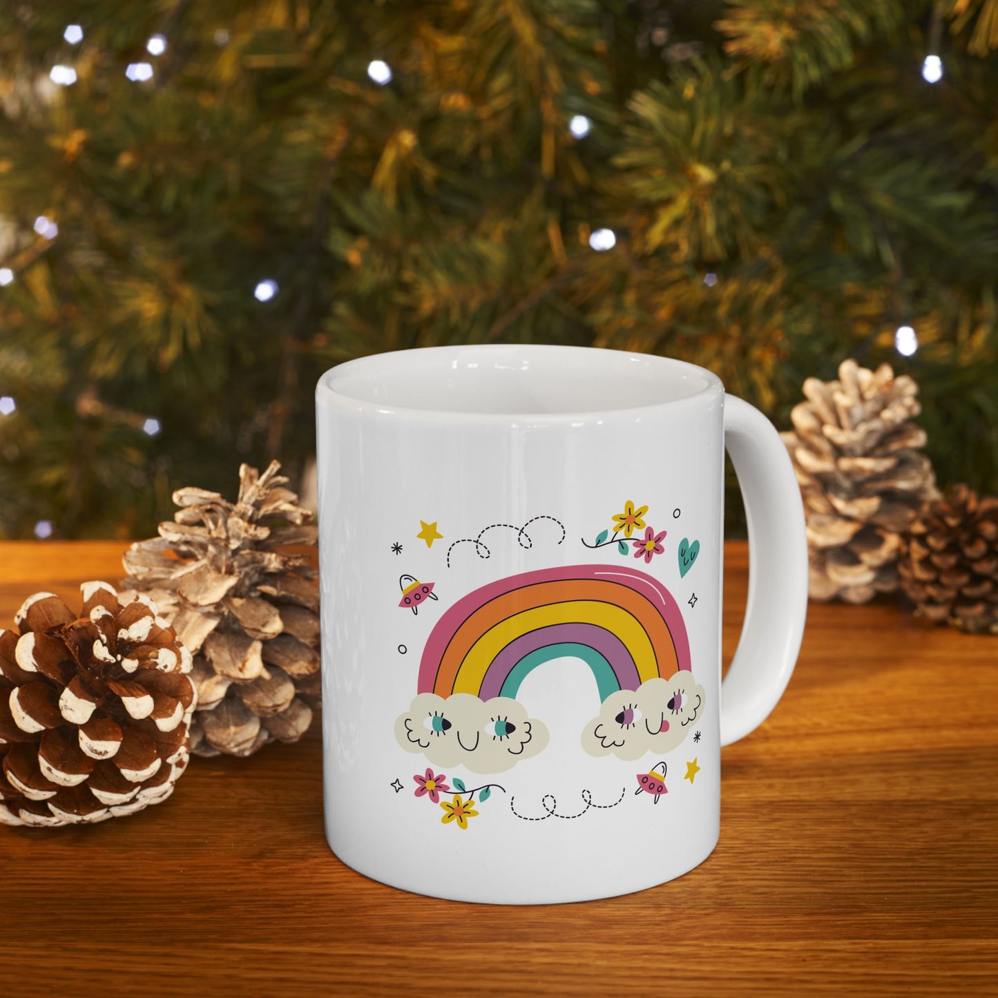 Rainbow Cloud Ceramic Mug – Cute Kawaii Rainbow & Stars Coffee Cup (11oz, 15oz)
