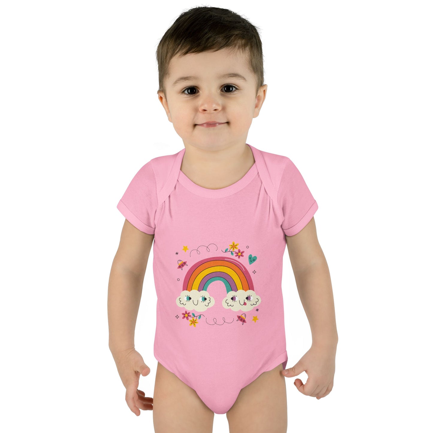 Baby Bodysuit — Cute Rainbow with Smiling Clouds Infant Onesie