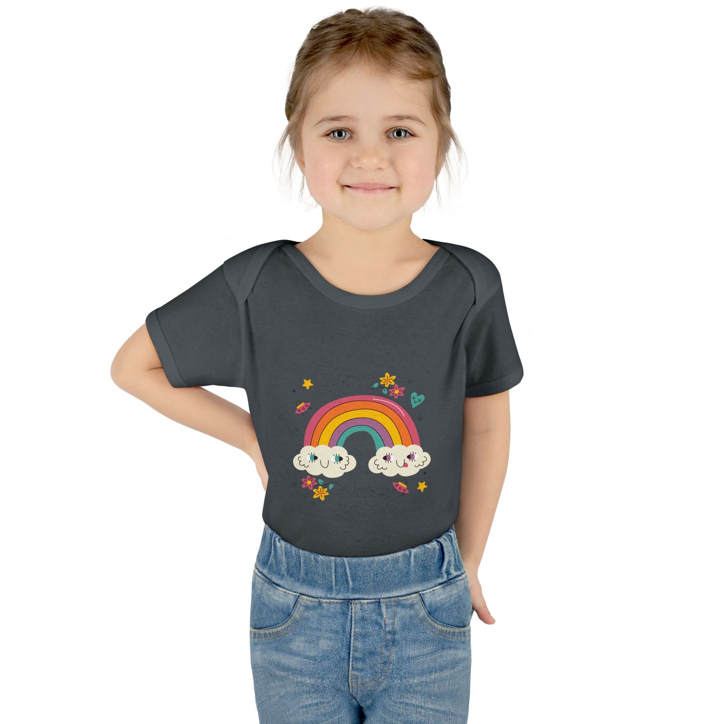 Baby Bodysuit — Cute Rainbow with Smiling Clouds Infant Onesie