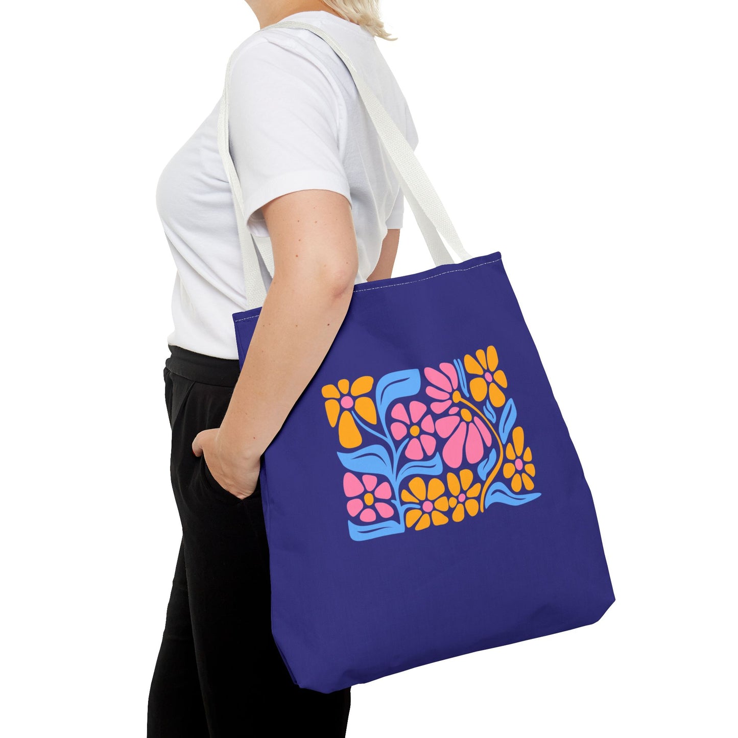 Floral Pop Tote Bag — Bright Retro Flower Pattern on Purple