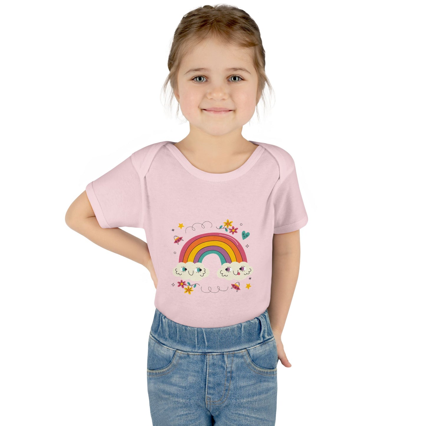 Baby Bodysuit — Cute Rainbow with Smiling Clouds Infant Onesie