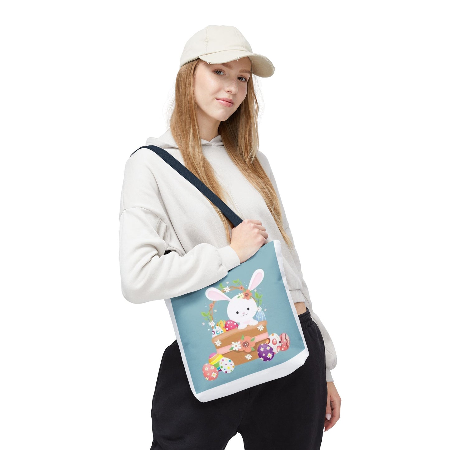 Easter Bunny Tote Bag — Cute Floral Bunny with Painted Eggs All-Over Print