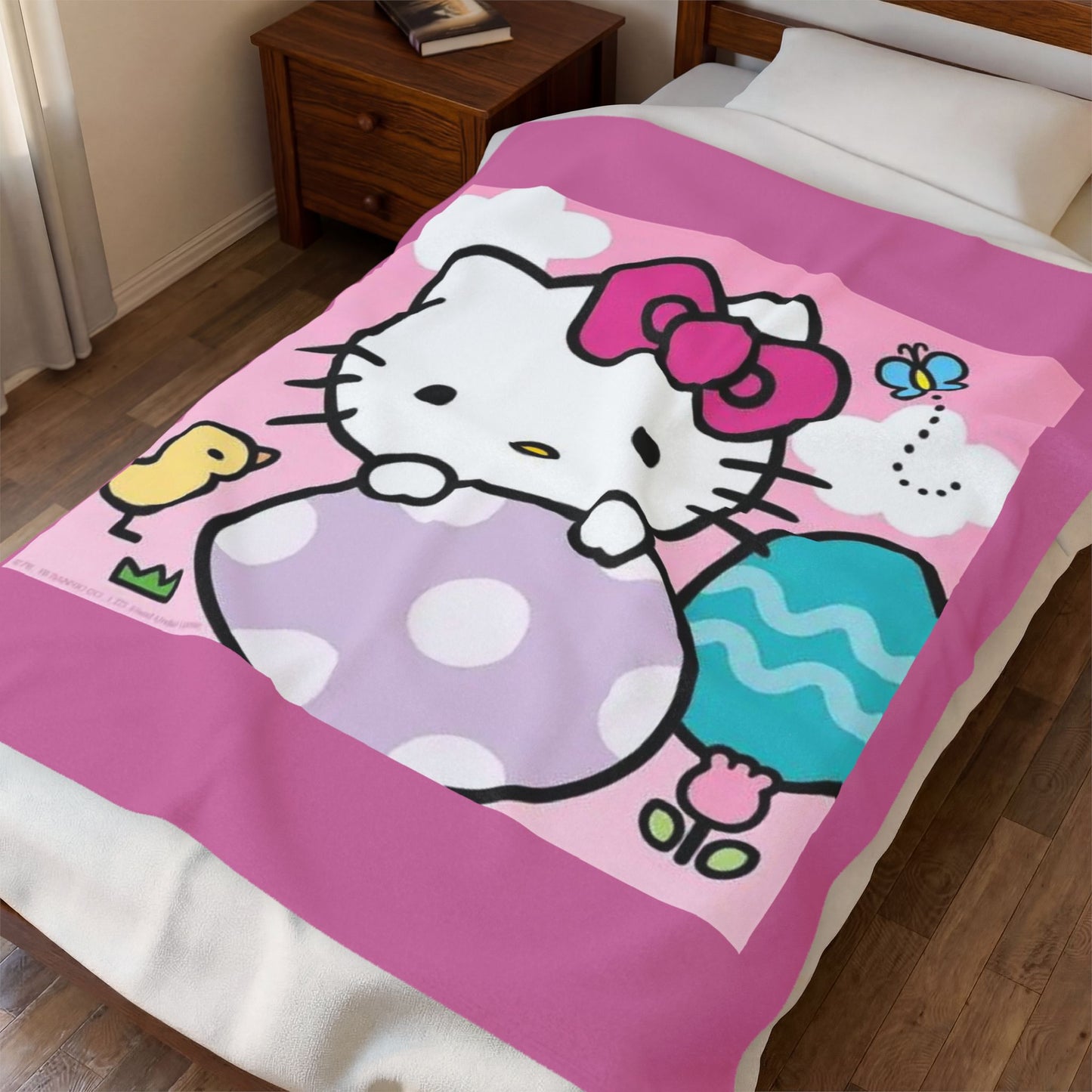 Hello Kitty Easter Velveteen Plush Blanket – Cute Pink Bunny & Egg Holiday Throw