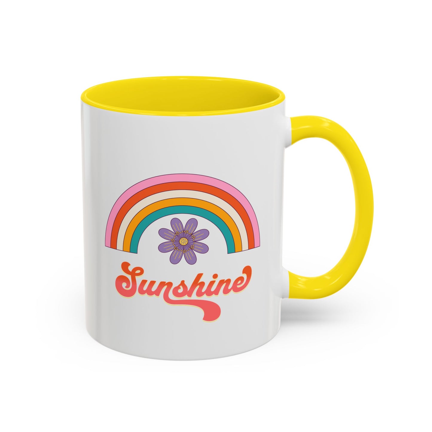 Sunshine Rainbow Accent Coffee Mug — Retro Flower 70s Vibe