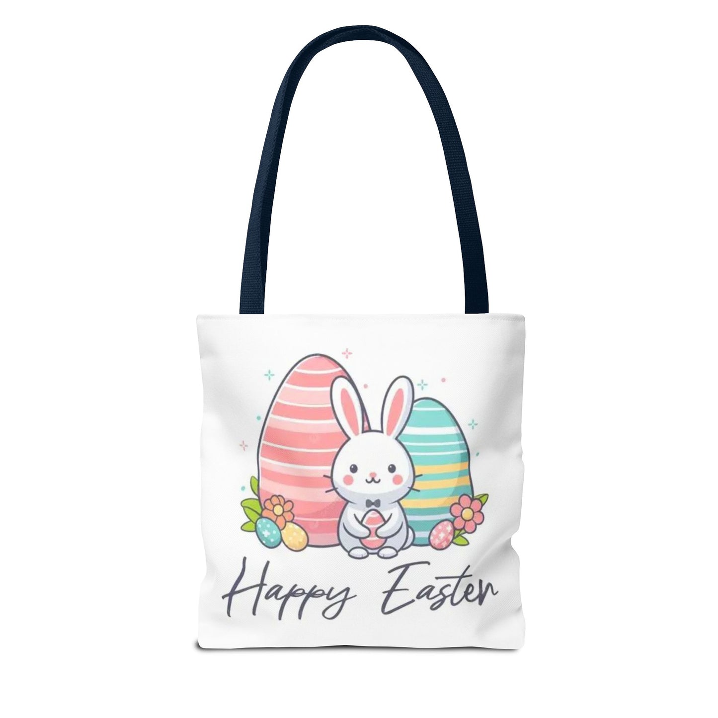 Easter Bunny Tote Bag — Cute "Happy Easter" Bunny with Colorful Eggs