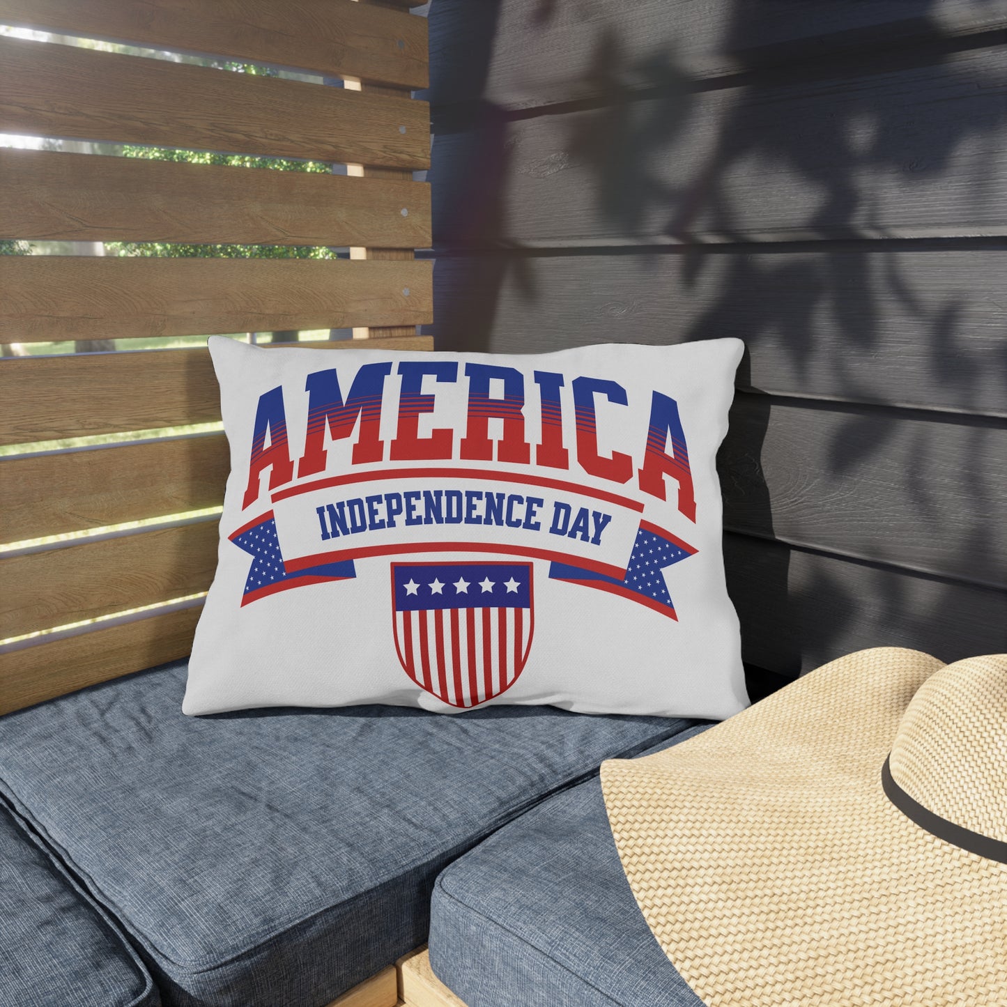 Independence Day America Outdoor Pillow — Patriotic Red, White & Blue Accent Cushion