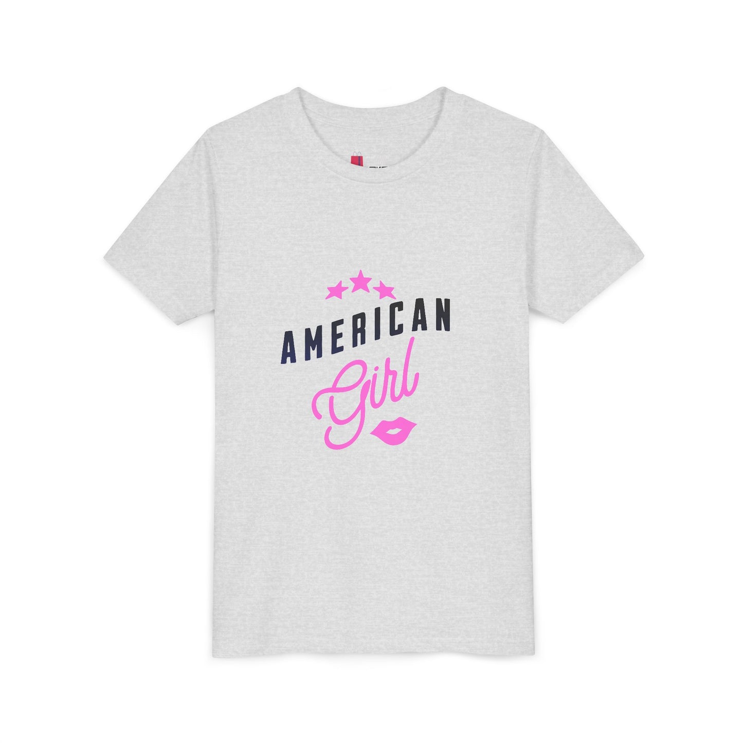 American Girl Youth Tee — Pink Script Stars Patriotic Kids Shirt