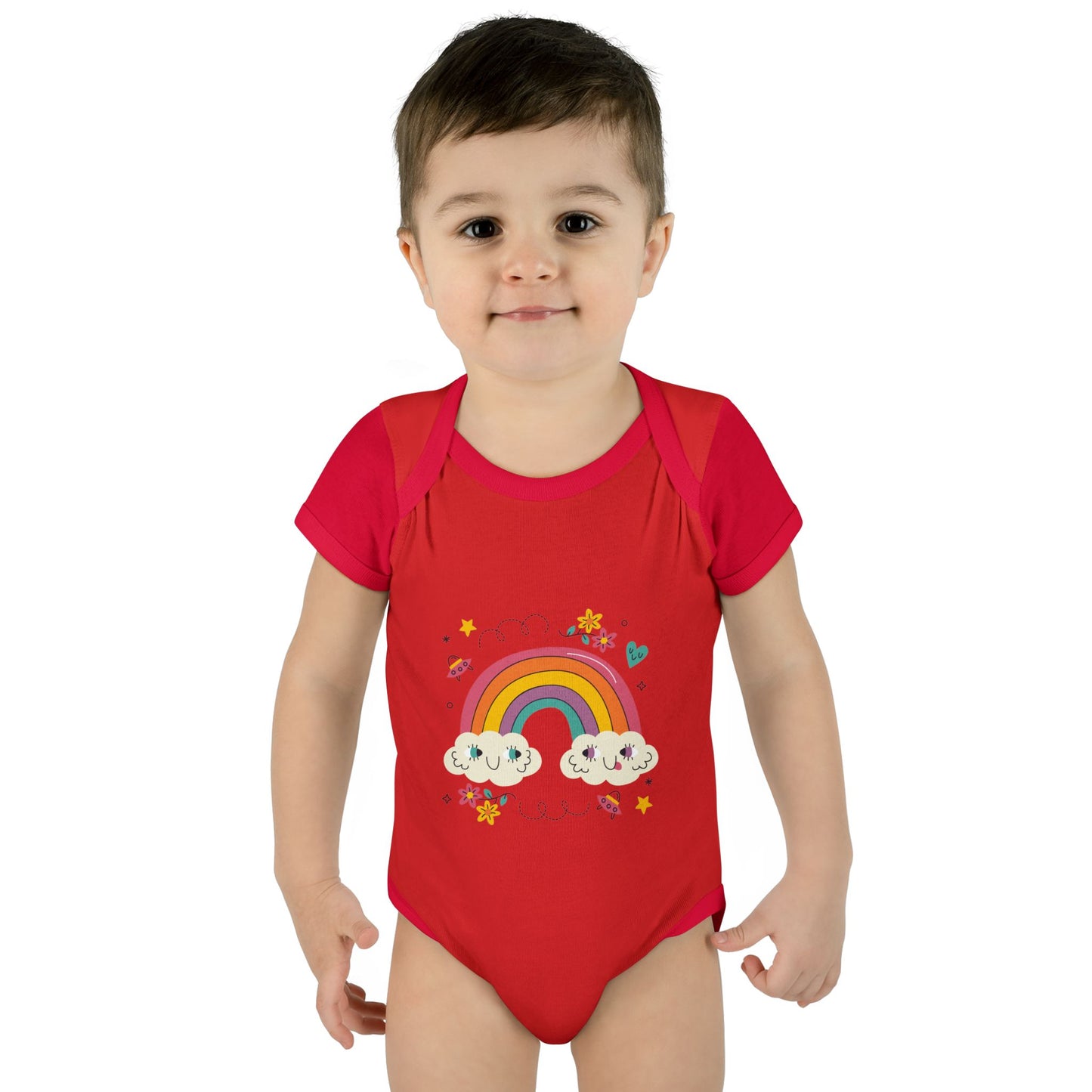 Baby Bodysuit — Cute Rainbow with Smiling Clouds Infant Onesie