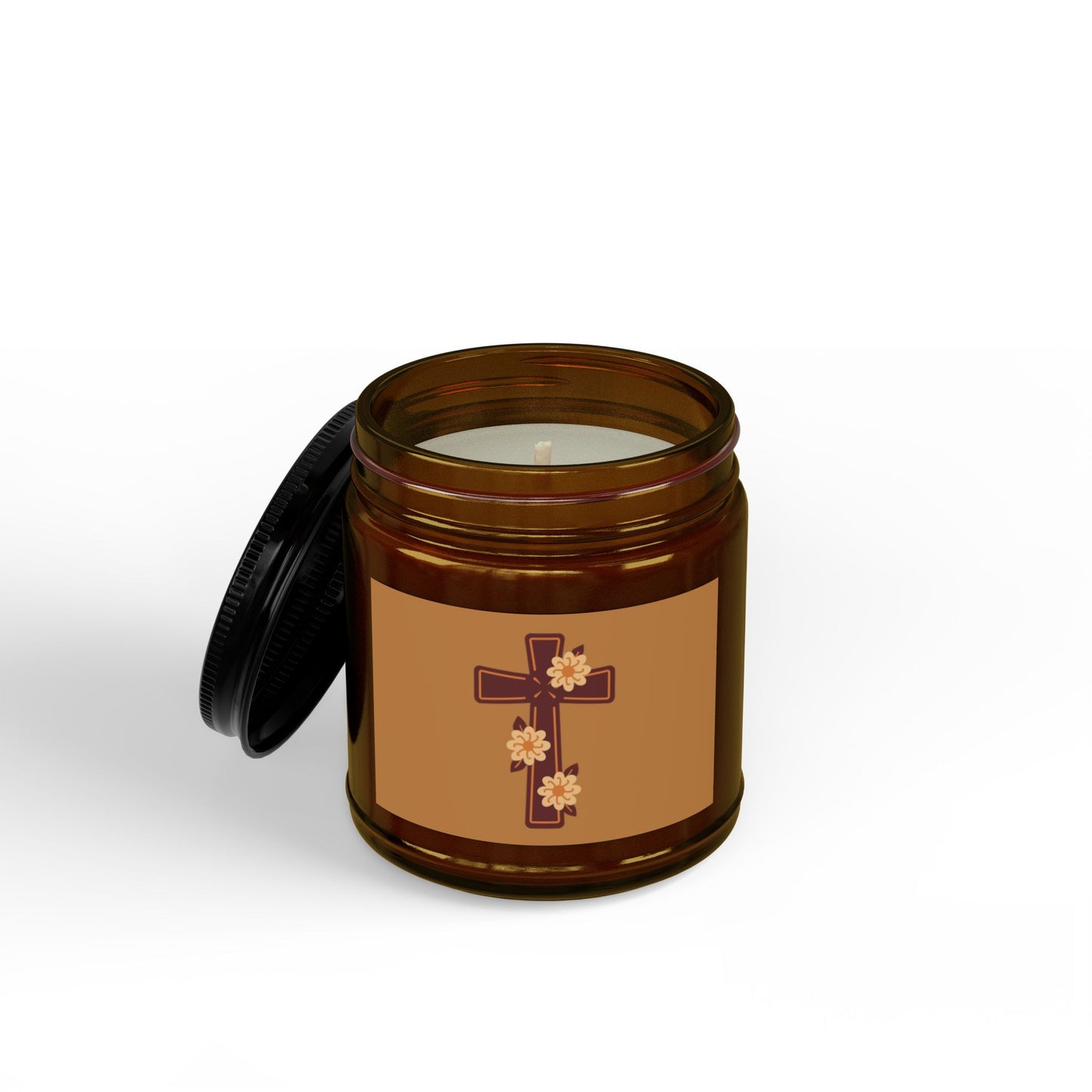 Floral Cross Scented Soy Candle — 4oz & 9oz Amber Jar with Black Lid