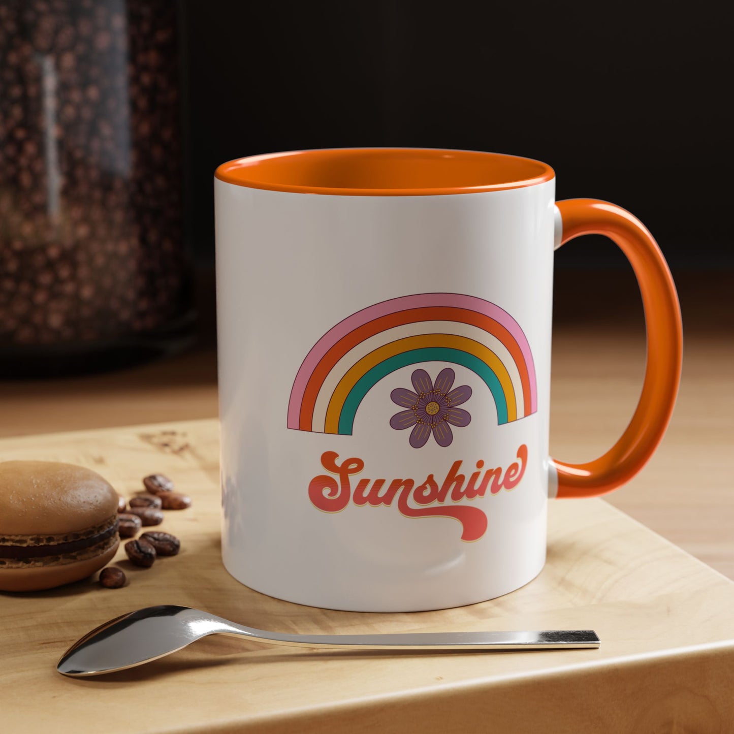 Sunshine Rainbow Accent Coffee Mug — Retro Flower 70s Vibe