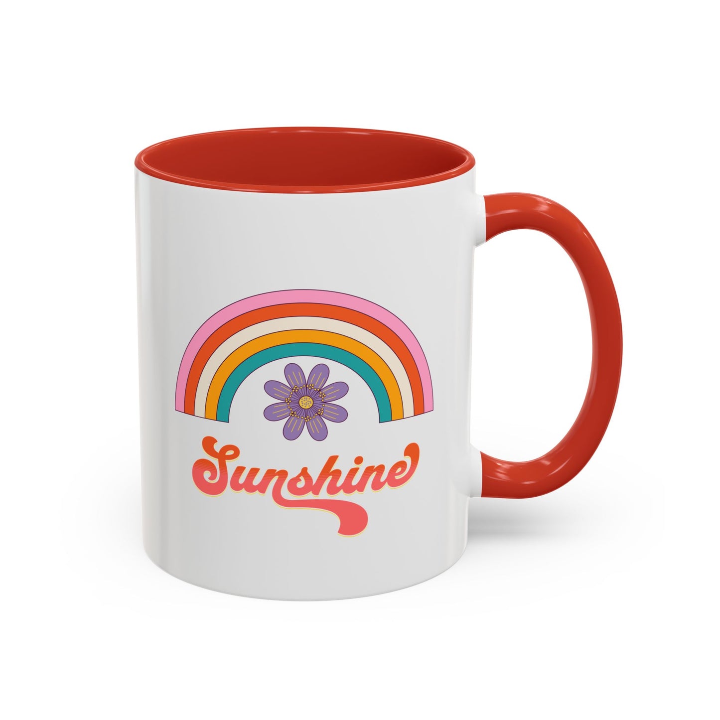 Sunshine Rainbow Accent Coffee Mug — Retro Flower 70s Vibe